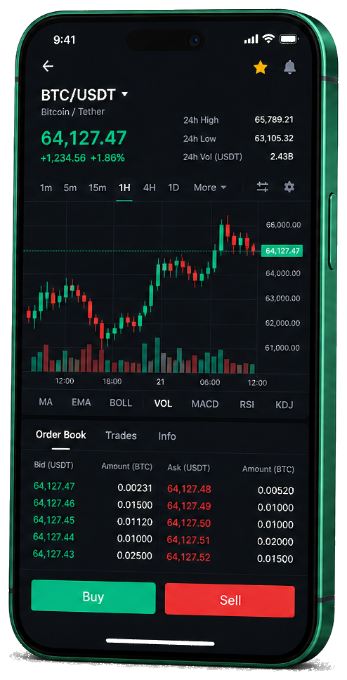 Interface mobile de trading Vaste Cautévane — prix BTC/USDT en direct, carnet d’ordres et outils de suivi des opérations